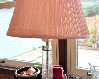1970s Hollywood Regency Etched Lucite Column Table Lamp with Chrome Accents & Pleated Shade