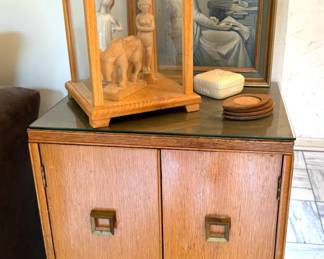 Mid-Century Modern Oak Two-Door Storage Cabinet with Glass Top & Brass Square Pulls