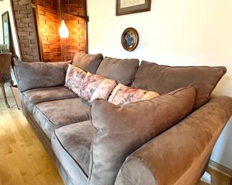 Mid-Century Modern Living Room Furniture, Brown Sofa, Woven Wood Folding Screen, Wood Wall Sconce & Framed Americana Art Prints