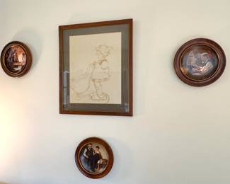 Norman Rockwell Style Americana Framed Art Plates & Child Figure Drawing