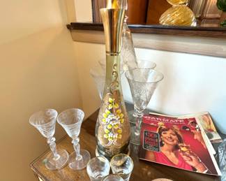 Hand-Painted Floral Art Glass Decanter with Gilt Stopper