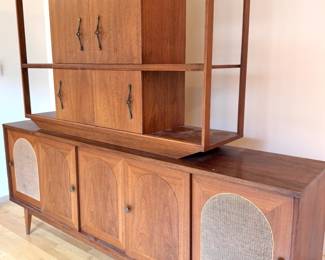 Mid-Century Modern Danish Walnut & Cane Credenza Hutch with Lighted Drop-Front Bar Cabinet,