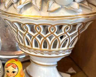 Italian Capodimonte-Style Porcelain Fruit Basket Centerpiece with Reticulated Pedestal & Gold Gilt Accents