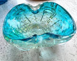 Aqua Blue Silver Foil Freeform Art Glass Bowl