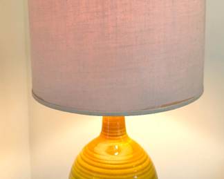 Mid-Century Modern Mustard Yellow Ribbed Glazed Ceramic Table Lamp with Tall Drum Shade