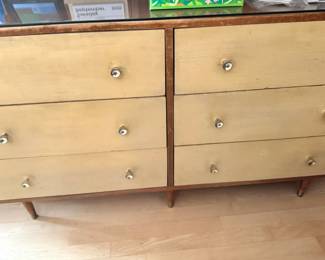Mid-Century Modern Six-Drawer Dresser Credenza with Brass-Tone Drawer Fronts & Glass Top