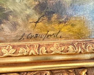 J. Crawford Signed Scottish Highland Cattle Mountain Landscape Oil Painting in Ornate Gilt Frame