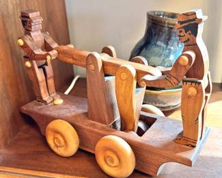 Handcrafted Wooden Folk Art Mechanical Toy with Two Men & Lever Cart