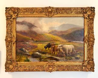 J. Crawford Signed Scottish Highland Cattle Mountain Landscape Oil Painting in Ornate Gilt Frame