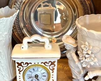 Vintage Porcelain Carriage-Style Quartz Mantel Clock with Brown Scroll Decoration