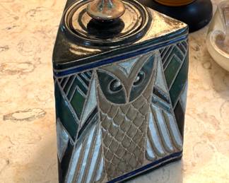 Mid-Century Modern Studio Pottery Owl Lidded Canister with Geometric Glaze