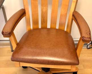 Mid-Century Modern Maple Swivel Rolling Executive Office Armchair with Leather Upholstery Made in USA