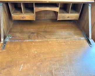 Traditional Maple Drop-Front Secretary Writing Desk with Three Drawers & Open Bookcase Hutch