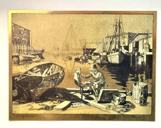 Pauline Bauer Signed Harbor Dock Scene Etching