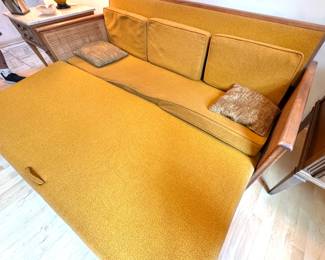 Mid-Century Modern Walnut & Cane Convertible Sleeper Sofa in Mustard Upholstery