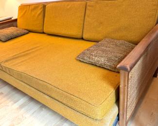 Mid-Century Modern Walnut & Cane Convertible Sleeper Sofa in Mustard Upholstery
