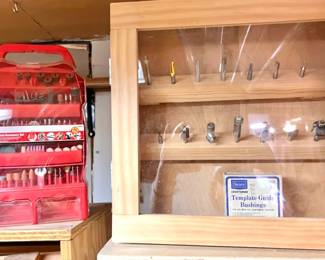 Craftsman Router Bit Collection with Sears Craftsman Template Guide Bushings in Wooden Display Cabinet
