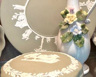 Wedgwood Sage Green Jasperware Large Round Lidded Box with Classical Figural Relief