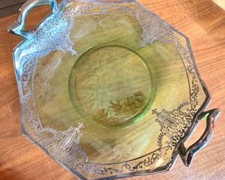Green Depression Glass Etched Floral Double-Handle Serving Tray