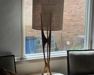 Mid-Century Modern Sculptural Walnut Table Lamp with Woven Cylindrical Shade