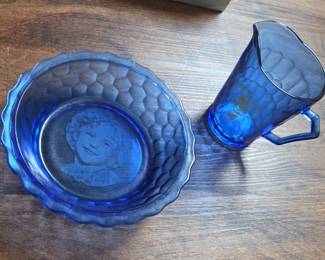 Shirley Temple Cobalt Blue Glass Pitcher and Bowl