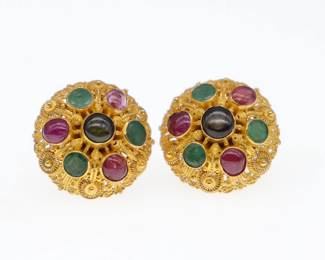 Pair Of Round 22k Yellow Gold Button Earrings With Colored Gems