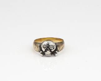 14k Yellow And White Gold Skull Ring With Diamond Eyes