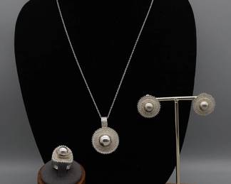 Vintage Sterling Matching Necklace, Ring And Earrings