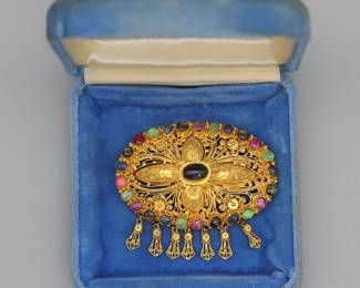 Beautiful Ornate 22k Yellow Gold Brooch With Sapphires, Ruby, Emerald