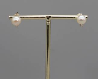 14k White Gold Vintage Cultured Pearl And Natural Diamond Stud Earrings