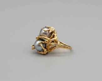 14K Yellow Gold Mid-Century Brutalist 3-Baroque Pearl Cocktail Ring, C. 1970s