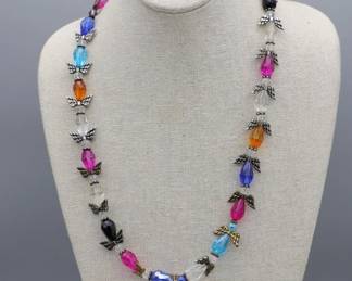 Multicolored Necklace With Teardrop Crystal Beads Accented With Metal Angel