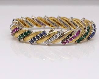 14k Yellow Gold Diamond, Ruby, Sapphires And Emerald Bracelet