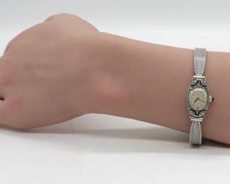 Vintage Ladies 14k White Gold Watch Featuring Accent Sapphires And Diamonds