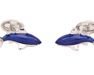 Jan Leslie Hand-painted Blue Enamel And Sterling Silver Shark Cufflinks