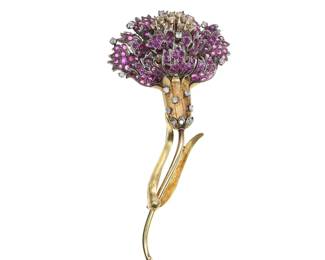 SPECTACULAR 18k Yellow And White Gold Vintage Rose Brooch With Center Diamonds