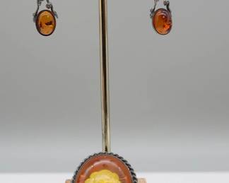 Vintage Hand Carved Baltic Amber And Silver Cameo With Earrings