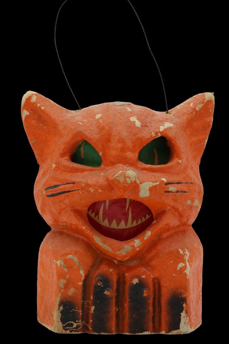 Vintage Pulp Paper Mache Halloween Orange Cat Lantern