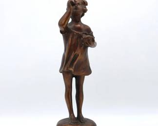 Bronze Vintage Blowing Bubbles Girl Figure On Marble Base