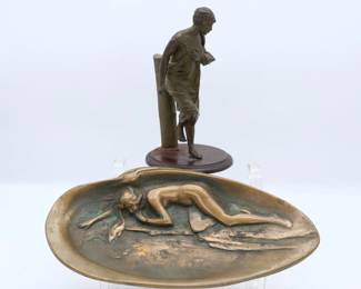 Art Nouveau Style Bronze Candy Dish And Female Figure In Flowing Dress