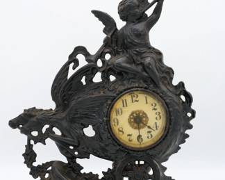Vintage Black Iron Clock Includes Horse And Angel Trumpeting