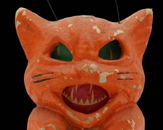 Vintage Pulp Paper Mache Halloween Orange Cat Lantern