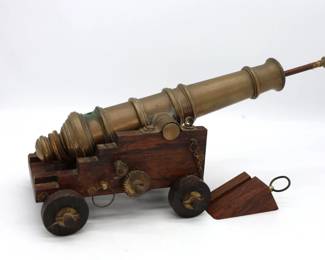 Vintage Brass Cannon On Wooden Base With Wheels