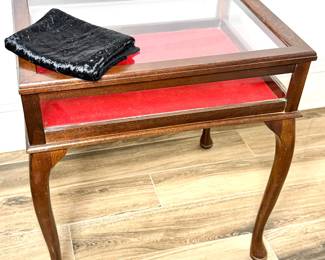 Wood Lift Glass Door Curio Display Table with Felt Bottom and Extra Black Liner 