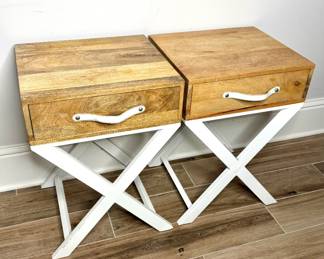 Set of 2 Rustic Wood Top Nightstands with Metal Bases 