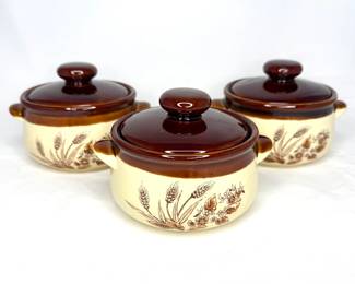 Vintage Set of 3 Ceramic Lidded Country Wheat Onion Soup Bowls 