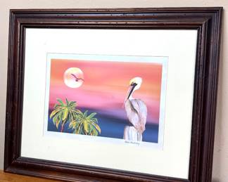 Framed Pelican at Sunset Print by Anne Beverley 