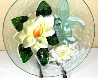 Extra Large Hand Painted Hammered Glass Bowl - Magnolia and Fleur De Lis Design 