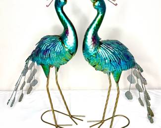 Pair of Iridescent Metal Peacock Sculptures 