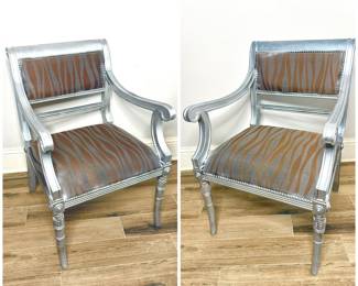 Set of 2 Silver Armchairs with Tiger Print Cushions 